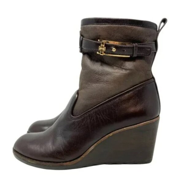 Tory Burch Primrose Lamb Leather Shearling Wedge Ankle Boots - Size 6.5 - Picture 3 of 9
